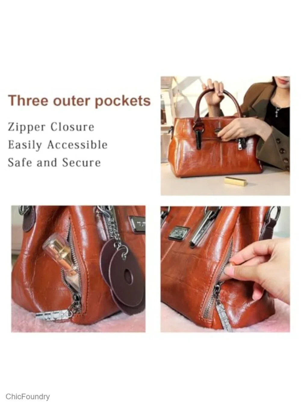 Women's Vegan Leather Satchel Tote with Multiple Pockets and Adjustable Strap